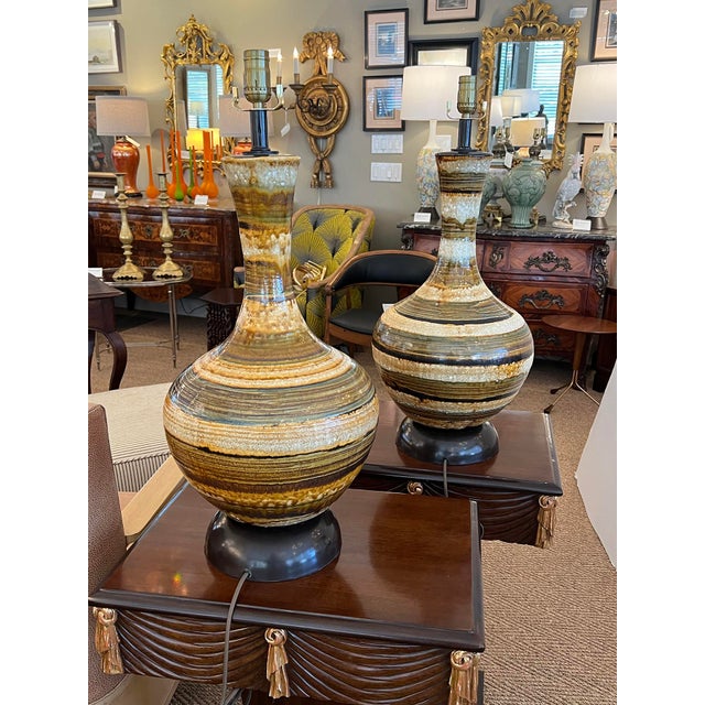 Pair 1960s Nova of California Hand-Thrown Ceramic Lamps With Earth-Tone Stripes For Sale - Image 10 of 10