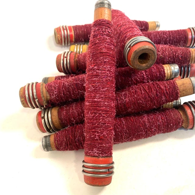 Burgundy Early 20th Century Wooden Textile Quills Burgundy Thread Wound Set of 12 For Sale - Image 8 of 10