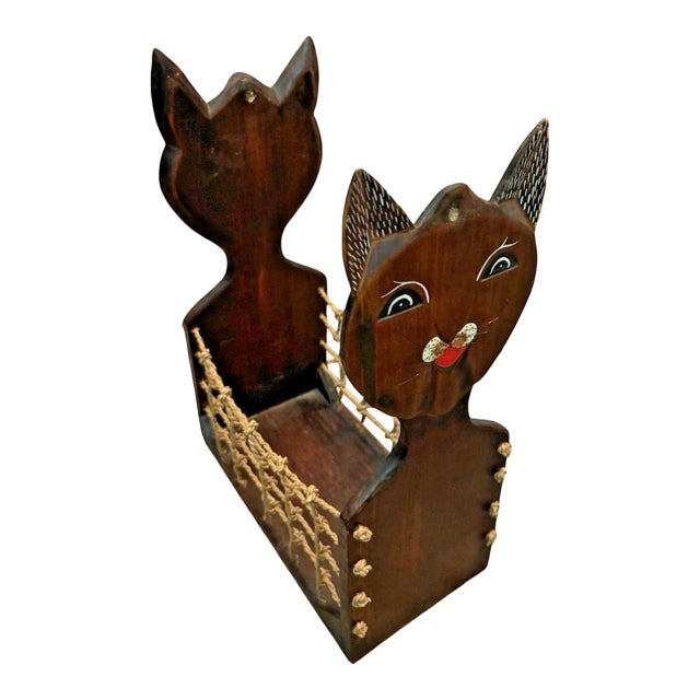 Vintage Hand-Carved Wooden & Climbing Rope Cat Folk Art Magazine Rack Holder For Sale
