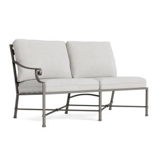 Brown Jordan Venetian Left Arm Loveseat, Mica frame with Fusion Dove fabric For Sale