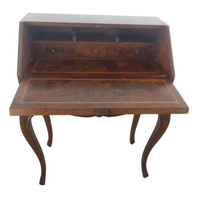 Late 20th Century French Provincial Burl Walnut W/ Inlay Drop Front Desk For Sale