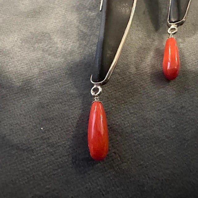 21st Century Modern Sterling Silver Ebony and Mediterranean Coral Stud Earrings For Sale - Image 10 of 11