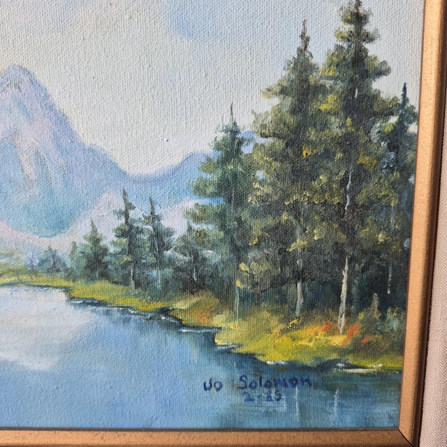 VTG 85' Mountain Lake Landscape Painting on Canvas Signed Original 12x16" Framed For Sale - Image 16 of 16