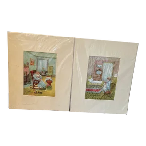 Antique Pair of Chromolithgraph Prints of Child and Mother. English.