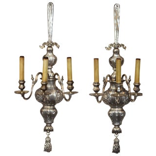Pair of Large E. F. Caldwell Silvered Three-Arm Wall Sconces-H-42" For Sale