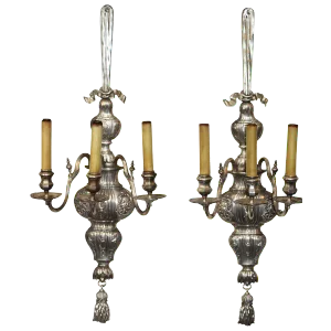 Pair of Large E. F. Caldwell Silvered Three-Arm Wall Sconces-H-42"
