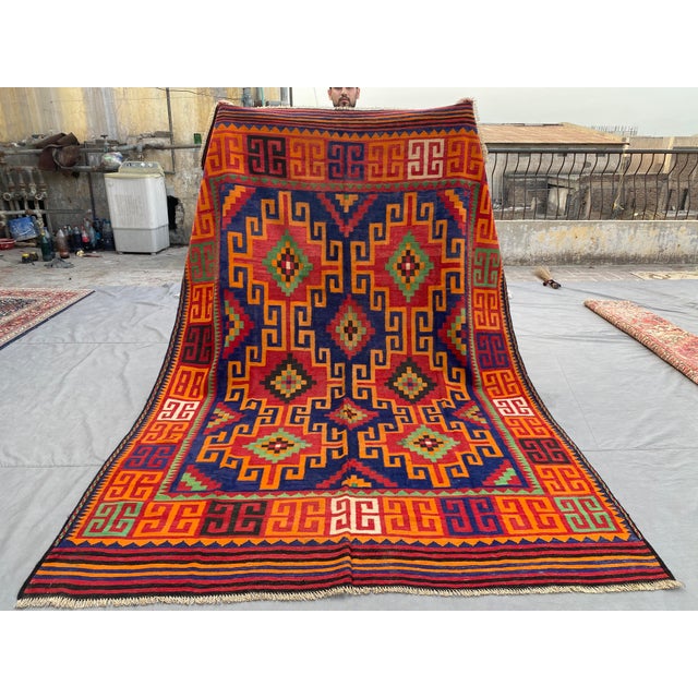 Maimana Kilim Area Rug, Handwoven Wool, 7x10, Indigo & Orange For Sale - Image 9 of 12