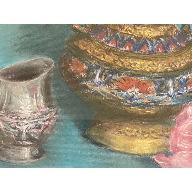 1980s Mixed Media Still Life on Blue Table Signed For Sale - Image 4 of 6