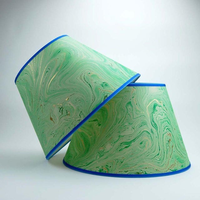 Contemporary Green Marbled Paper Lampshade with Cobalt Trim - 12” x 18” x 12” For Sale - Image 3 of 5