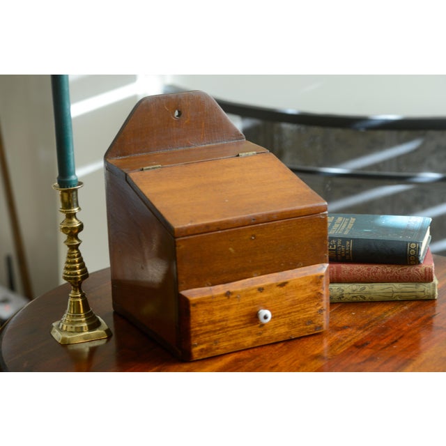 Vintage Primitive Wooden Large Hanging Fireside Candle Box Salt Box For Sale - Image 4 of 15
