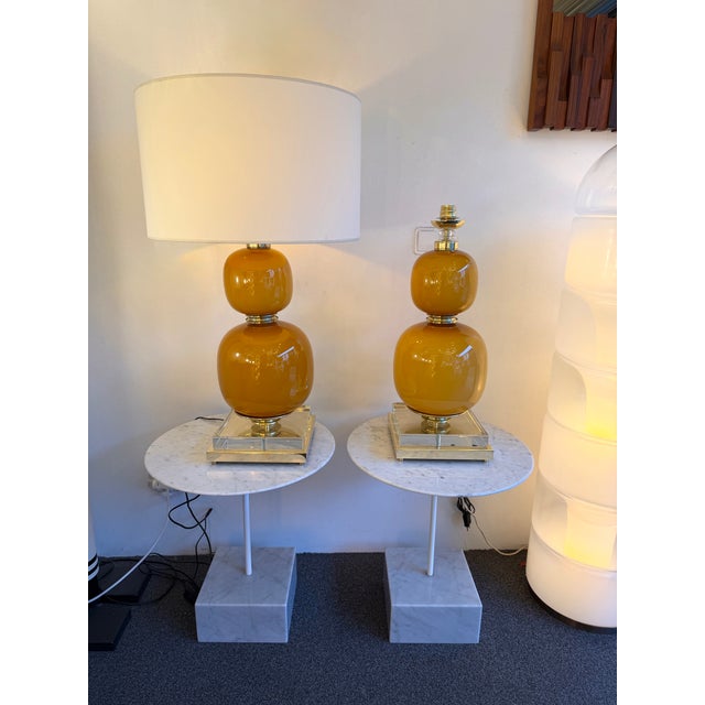Metal Contemporary Pair of Brass and Orange Murano Glass Bulbs Lamps, Italy For Sale - Image 7 of 13