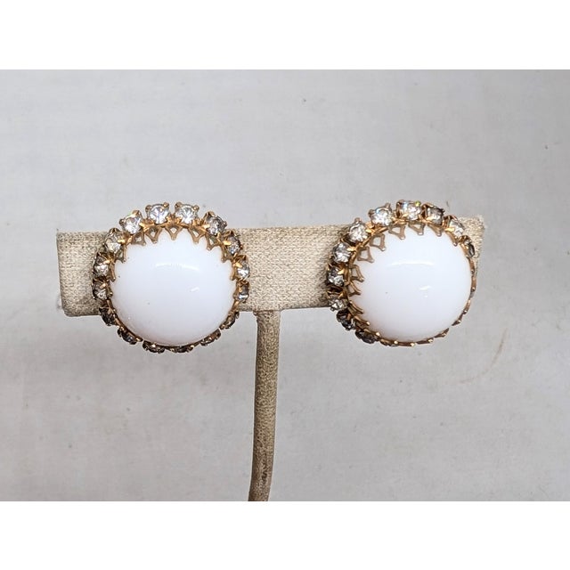 Mid-Century Modern Vintage 1960s Signed Kramer Round White Cabochon Rhinestone Clip Earrings-2 Pieces For Sale - Image 3 of 7
