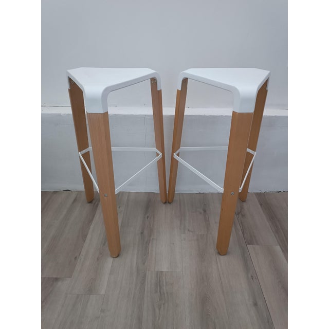 Beautiful pair of Picapau bar stools by Orlandini & Radice for Infinity. Made in Italy. Legs in solid natural beech,...