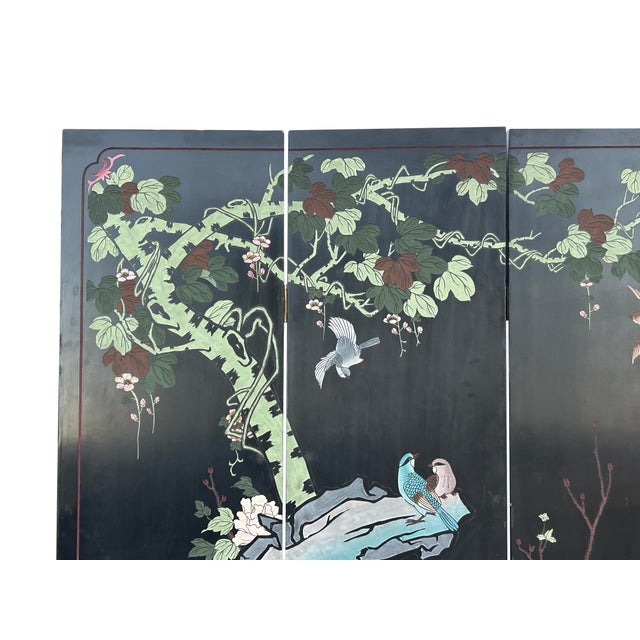1980s Chinese Black Base Color Flower Birds Graphic Floor Screen Divider For Sale - Image 5 of 16