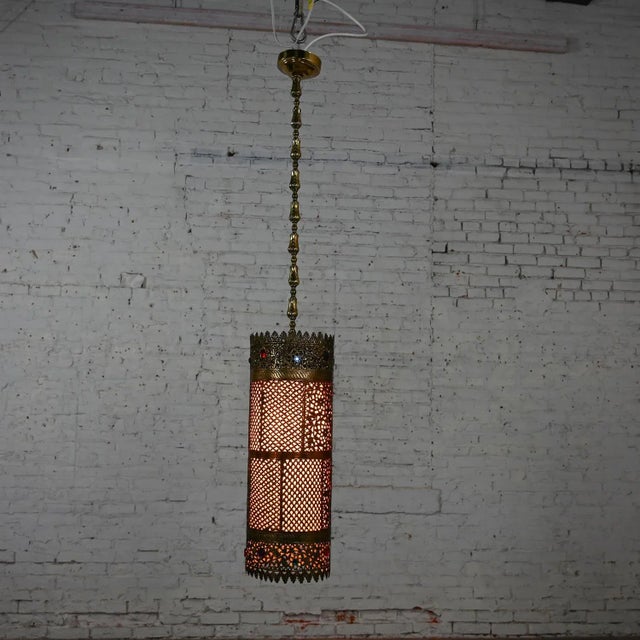 Mid-20th Century Moroccan or Moorish Style Embossed & Pierced Copper & Brass Pendant Light Fixture With Multicolored Jewels Made in India For Sale - Image 4 of 12
