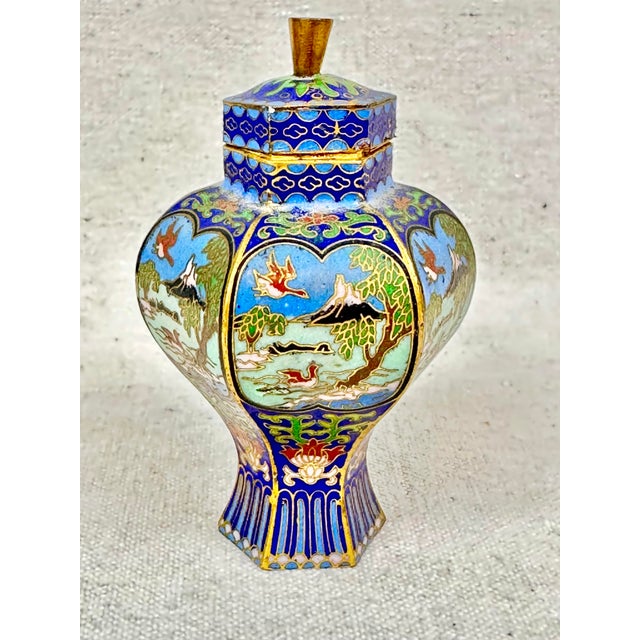 Gorgeous vintage cloisonné ginger jar. Colorful with an intricate mountain scene. Small size that is perfect to use on a...