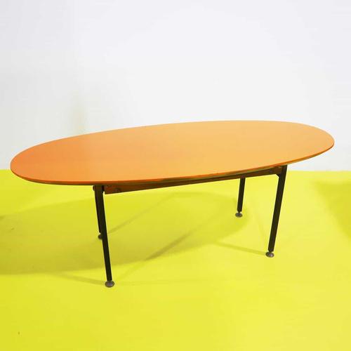 Wood Oval Coffee Table with Orange Wooden Top and Metal Base, 1970s For Sale - Image 7 of 7