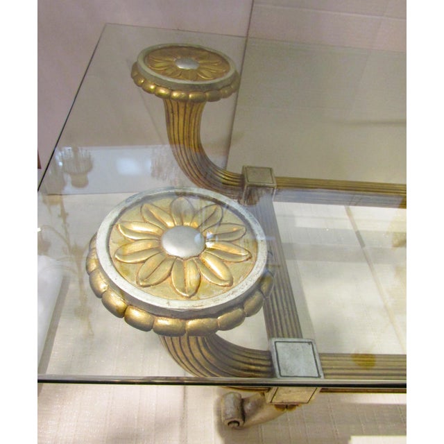 Hollywood Regency 1960s Hollywood Regency Italian Silver and Gold Leaf Carved Wood and Glass Coffee Table For Sale - Image 3 of 15