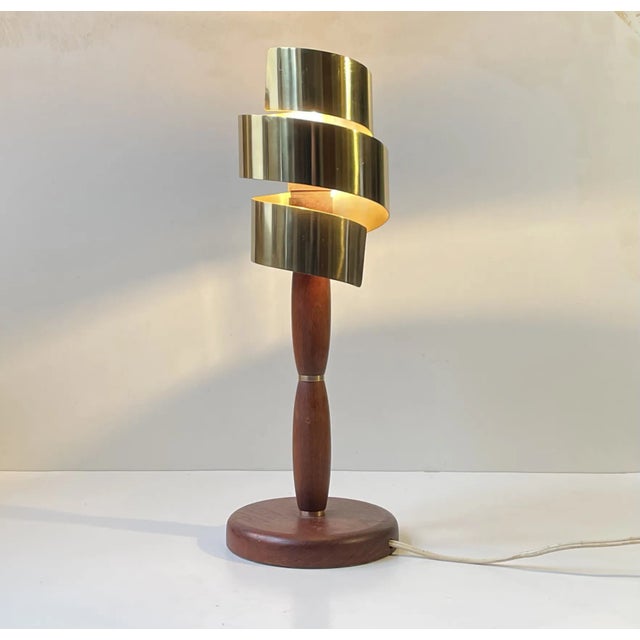 Mid-Century Modern Vintage Scandinavian Teak and Brass Table Lamp with Spiral Shade For Sale - Image 3 of 8