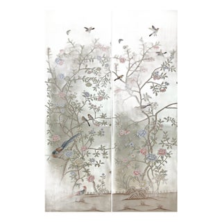 Silver Leaf Chinoiserie Hand-Painted Floral & Bird Wall Panels (Set of 2) For Sale