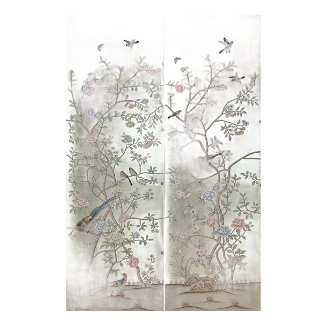 Silver Leaf Chinoiserie Hand-Painted Floral & Bird Wall Panels (Set of 2) For Sale
