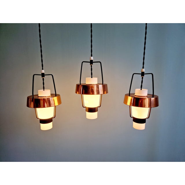 Scandinavian Pendant Lights in White Opaline and Copper Metal, 1960s, Set of 3 For Sale - Image 4 of 18