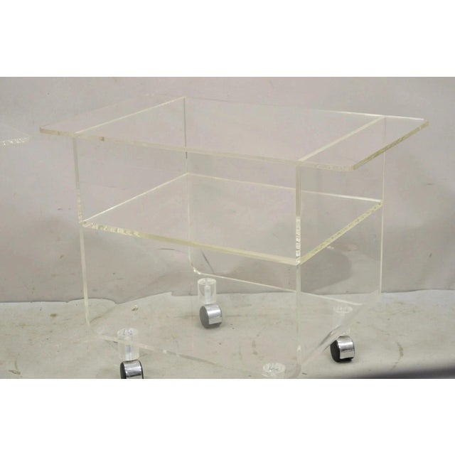 Vintage Clear Lucite Acrylic Mid Century Modern Rolling Side Tables - A Pair For Sale In Philadelphia - Image 6 of 11