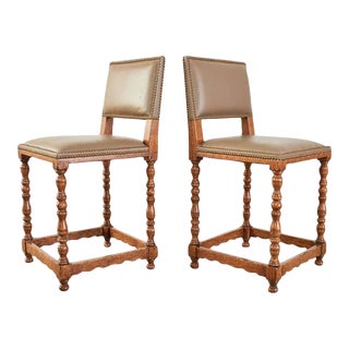 Country English Style Oak Leather Barstools - a Pair For Sale