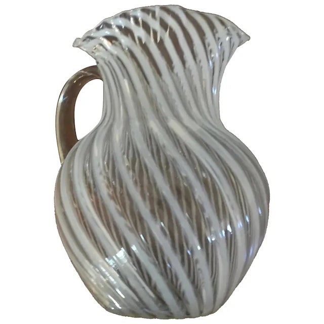 Antique 19th Century American Opalescent White Swirl Glass Pitcher With Ruffled Rim For Sale - Image 12 of 12