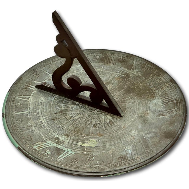 Fine Antique Large 12 Inch Size Solid Cast Bronze Sundial With Extensivly Detailed Calibrations Circa Early 1900s For Sale - Image 12 of 18