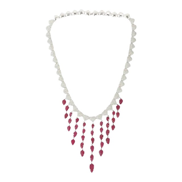 20.5 Carat Carved Leaf Ruby and Diamond Drop Choker Necklace for Womens For Sale