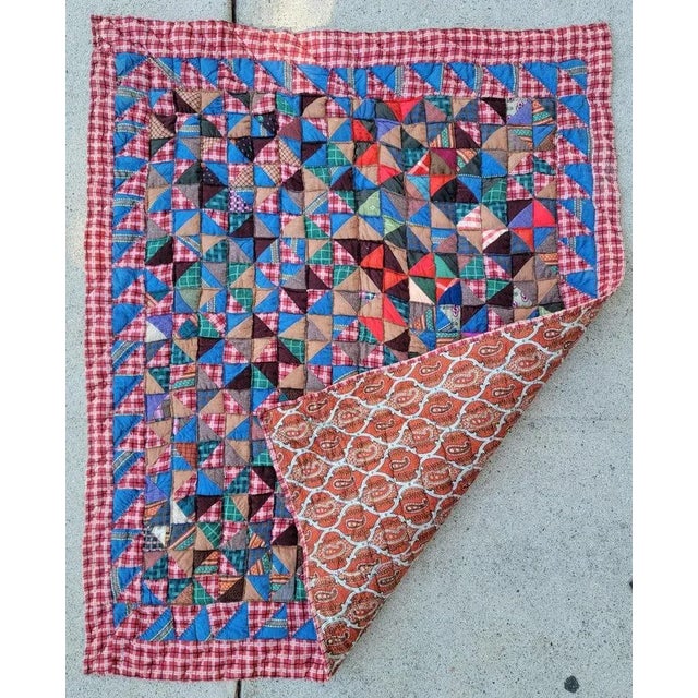 Red 19thC Wool Challis Broken Dishes Crib Quilt For Sale - Image 8 of 8