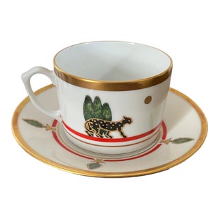 Vintage Cartier Limoges Porcelain Art Deco Style Panther Coffee or Tea Cup & Saucer For Sale