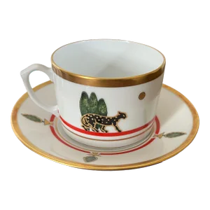 Vintage Cartier Limoges Porcelain Art Deco Style Panther Coffee or Tea Cup & Saucer