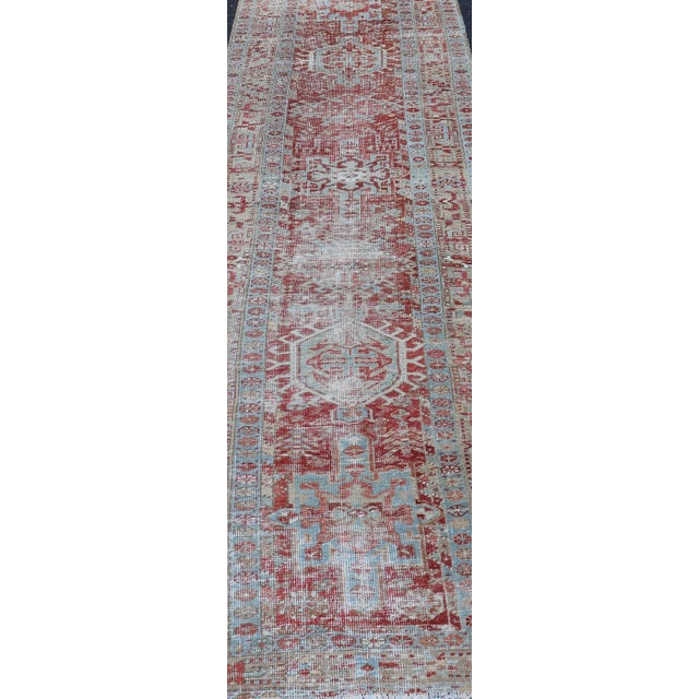 Antique Persian Heriz Runner With Geometric Design in Soft Red and Sky Blue 2'10 X 10'1 For Sale - Image 11 of 13