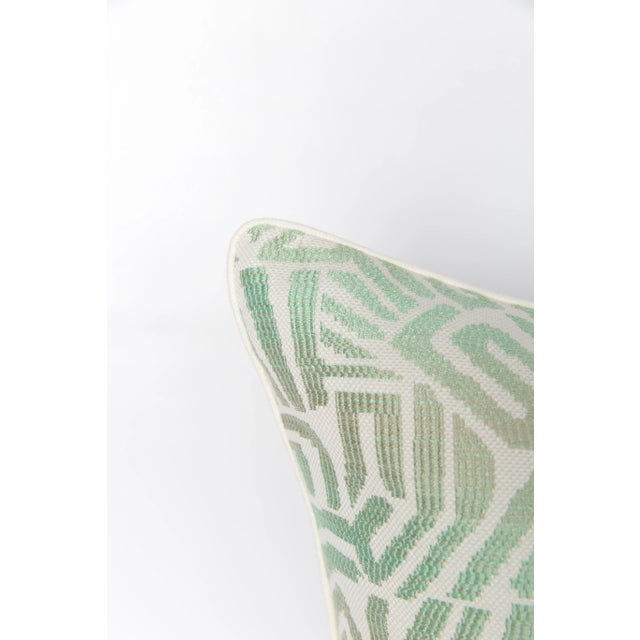 Pair of custom seafoam green and ivory tribal pattern pillows. Pattern on both sides with solid ivory linen cording....