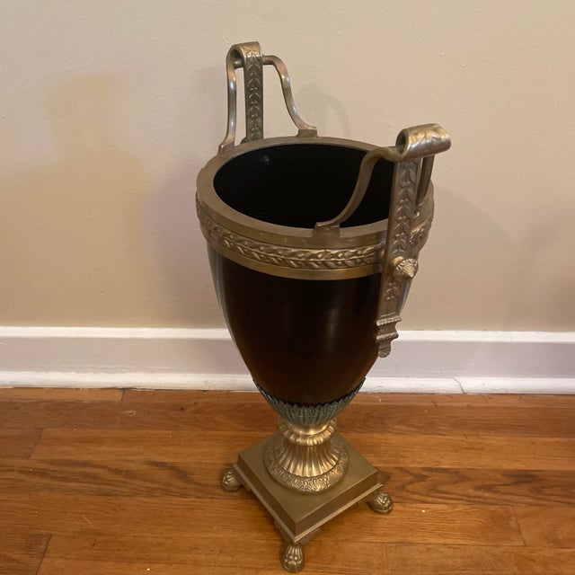 Large Impressive Pair of Monumental Neoclassical style double handled vases with black ground body and bronze Foliate...