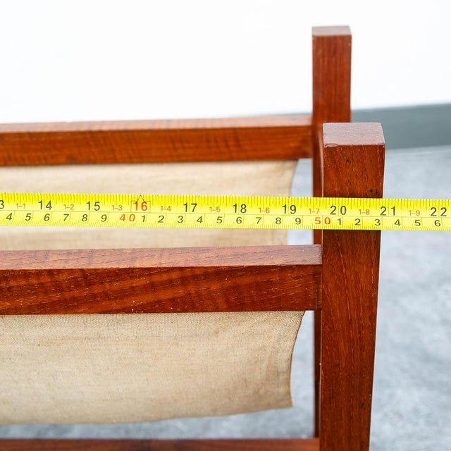 Mid Century Modern Magazine Rack Danish Canvas Sling Teak Vintage Tan Brown For Sale - Image 9 of 10