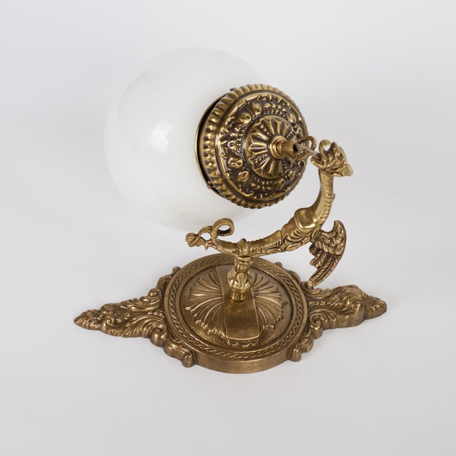 1960s 1960s Spanish Gothic Gold Brass Winged Griffin Wall Sconce With Opaline Glass Globe For Sale - Image 5 of 8