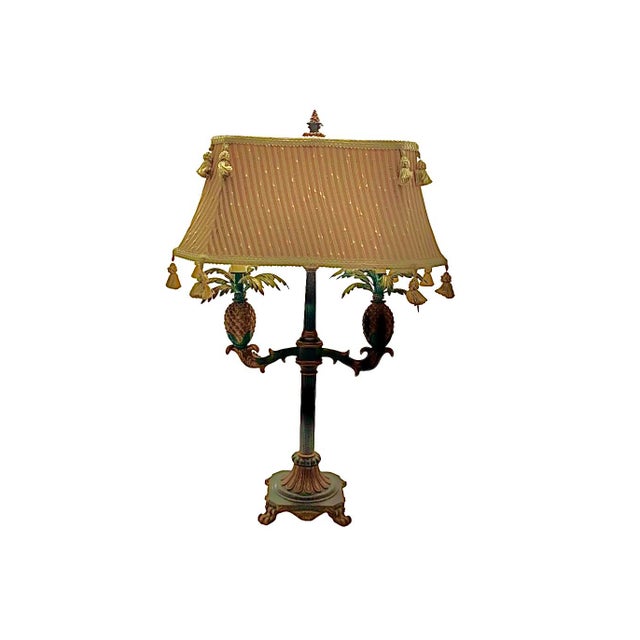 This vintage metal pineapple lamp features a unique and eye-catching design with a custom tassel shade, adding a touch of...
