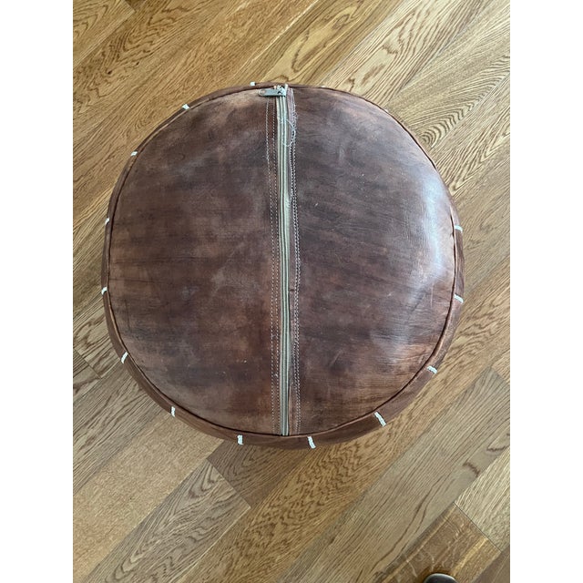 Vintage Moroccan Leather Pouf For Sale - Image 4 of 5
