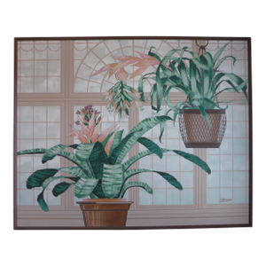 1970s Mid-Century Modern Large Format Acrylic on Canvas by Letterman - Potted Bromeliad