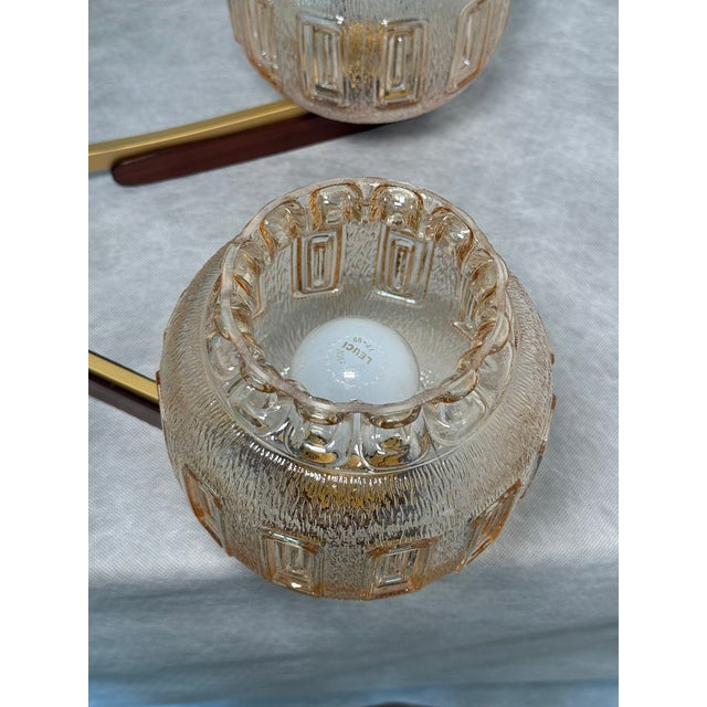 1970s Vintage 8-Arm Chandelier with Textured Glass Shades and Wooden Elements, 1970s For Sale - Image 5 of 12