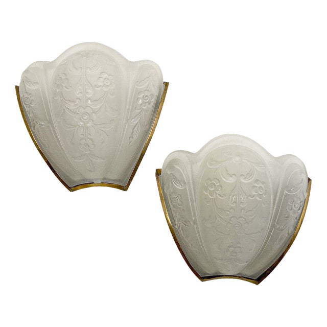 Art Deco Style Brass and Glass Wall Lamps, France, 1940s, Set of 2 For Sale