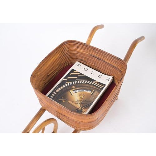 French Riviera Rattan Wheelbarrow Magazine Rack, Italy, 1960s For Sale - Image 13 of 16