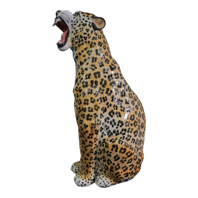 Mid 20th Century Life Size Italian Terracotta Painted Leopard For Sale