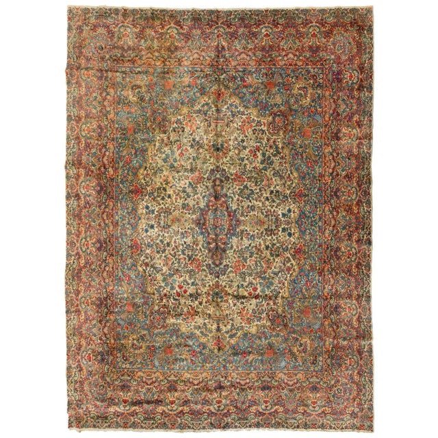 1920s 1920s Oversize Persian Ivory and Blue Floral Kirman Rug For Sale - Image 5 of 5