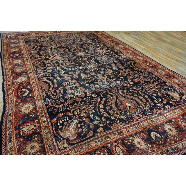 1930s Blue Navy Floral Antique Persian Sarouk Farahan Carpet 8'8" X 12'8" Woven Wool Rug For Sale - Image 4 of 9