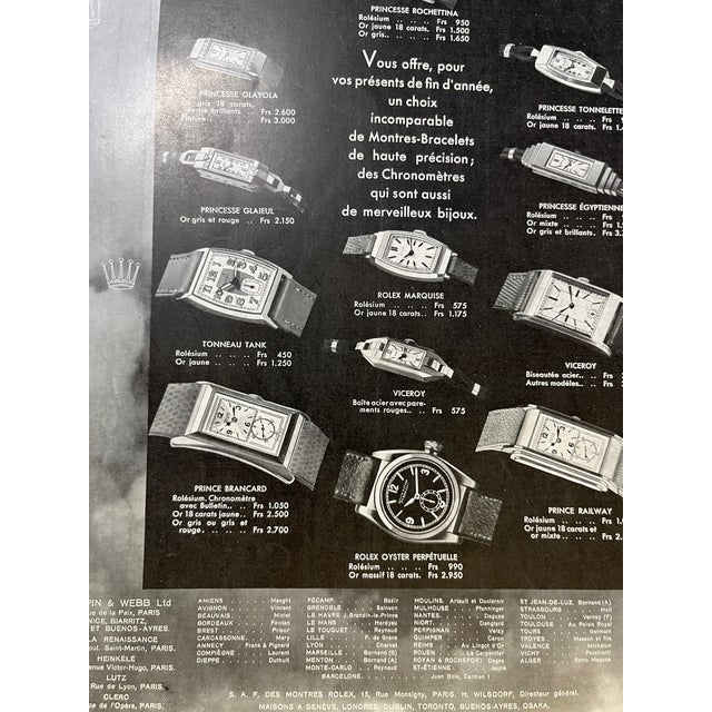 Wonderful 1934 Rolex Watch Vintage print ad from a French magazine. Features the first Oyster round dial model. The back...