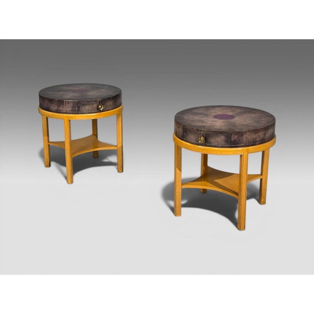 Tommi Parzinger, Charak Modern, Circular Nightstands or Bedside Tables, Bleached Mahogany, Brown Leather, Brass, USA,...